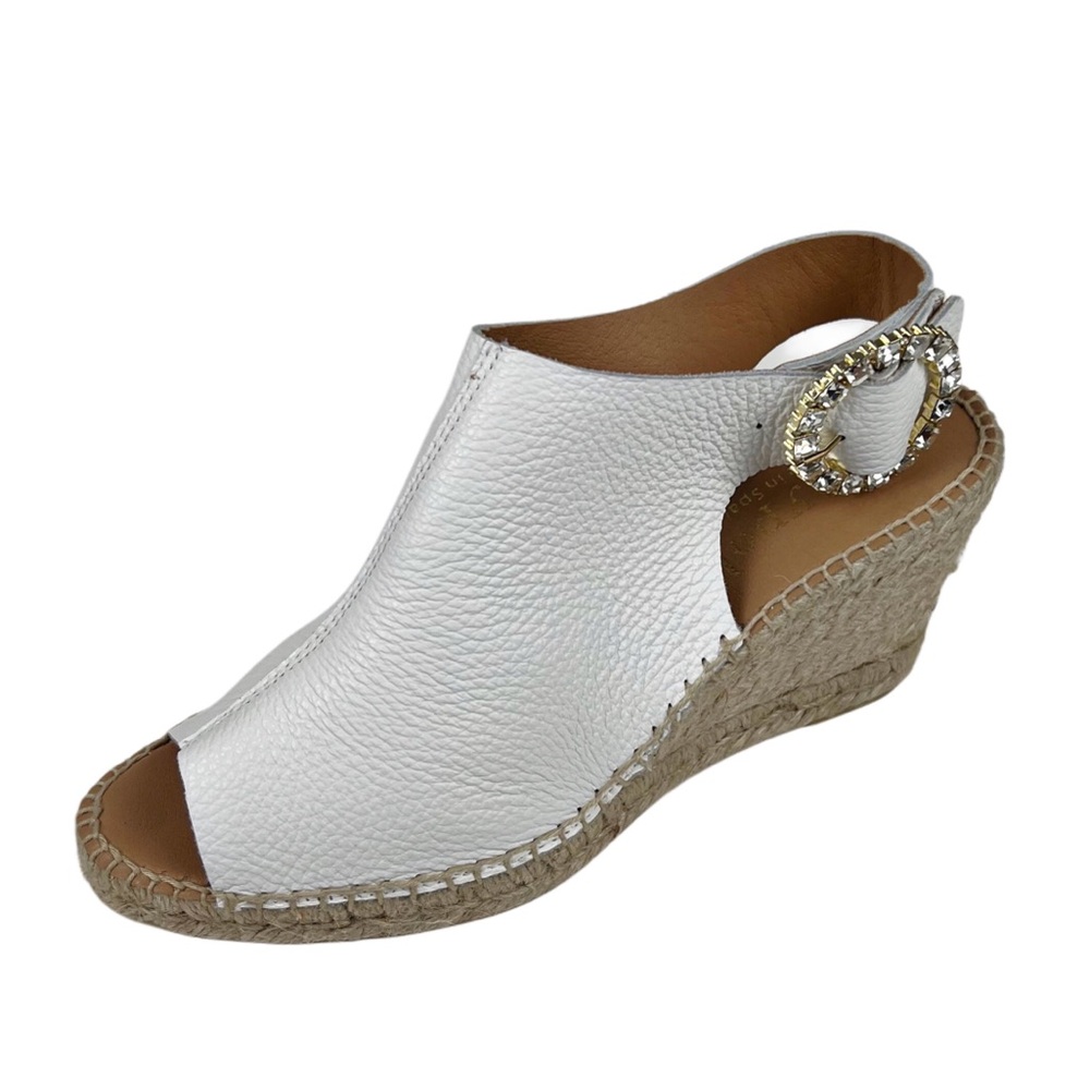 Maypol White Leather Peep-Toe Espadrille Wedge Sandals with Slingback Size 8.5